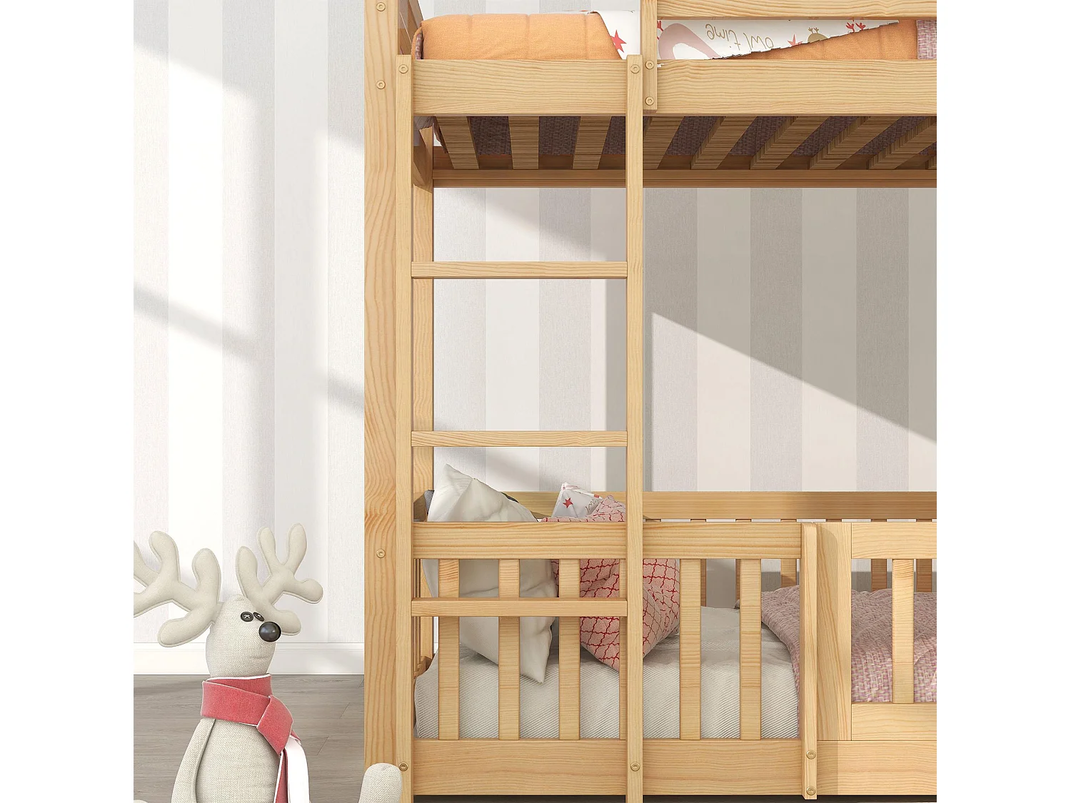 Lit superposé avec escalier droit, lit avec barrières et petite porte, lit bébé avec protection anti-chute et barreaux, bois massif, (200 x 90 cm)