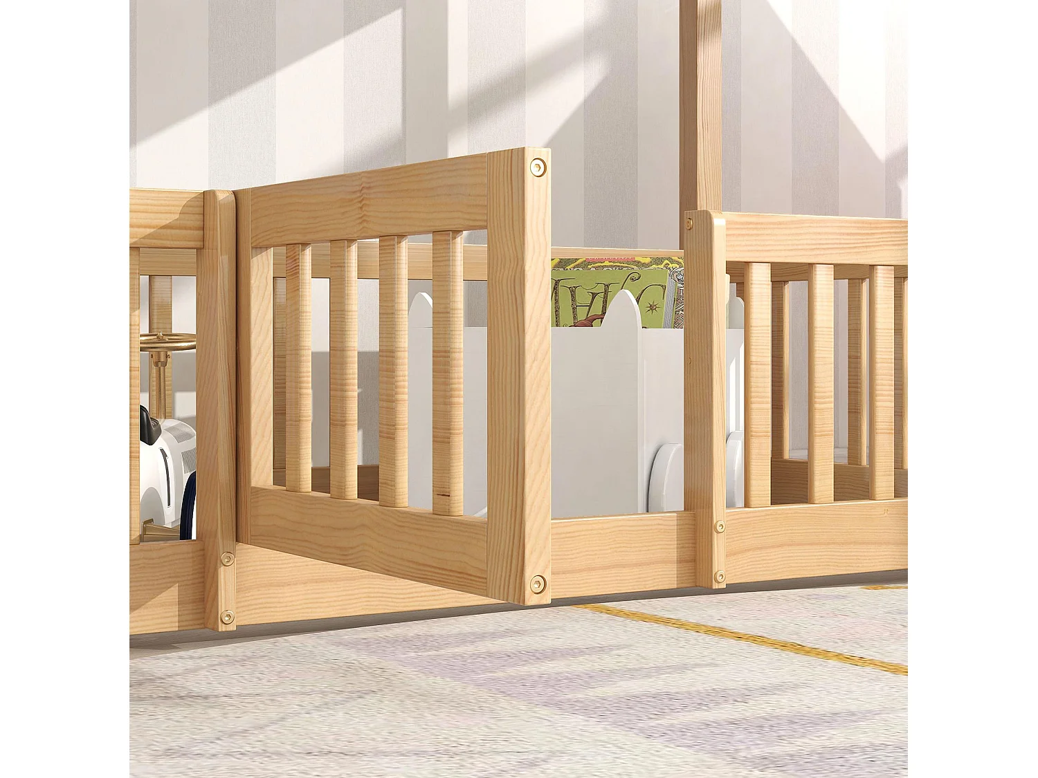 Lit superposé avec escalier droit, lit avec barrières et petite porte, lit bébé avec protection anti-chute et barreaux, bois massif, (200 x 90 cm)