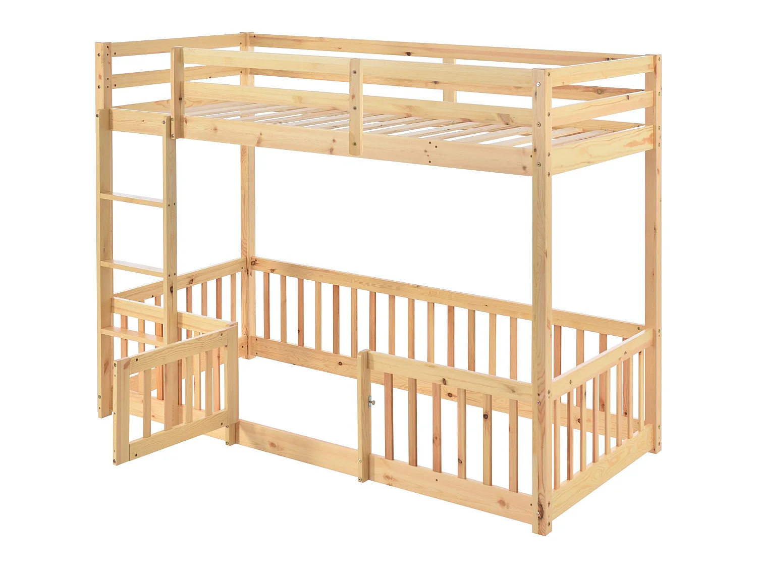Lit superposé avec escalier droit, lit avec barrières et petite porte, lit bébé avec protection anti-chute et barreaux, bois massif, (200 x 90 cm)