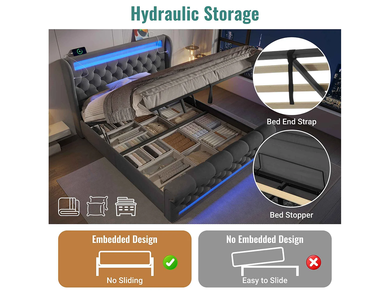 Lit Moderne avec Tête de Lit Capitonnée, 140x200cm, LED, USB et Type-C, Rangement Hydraulique, Tissu en Velours (Sans Matelas)