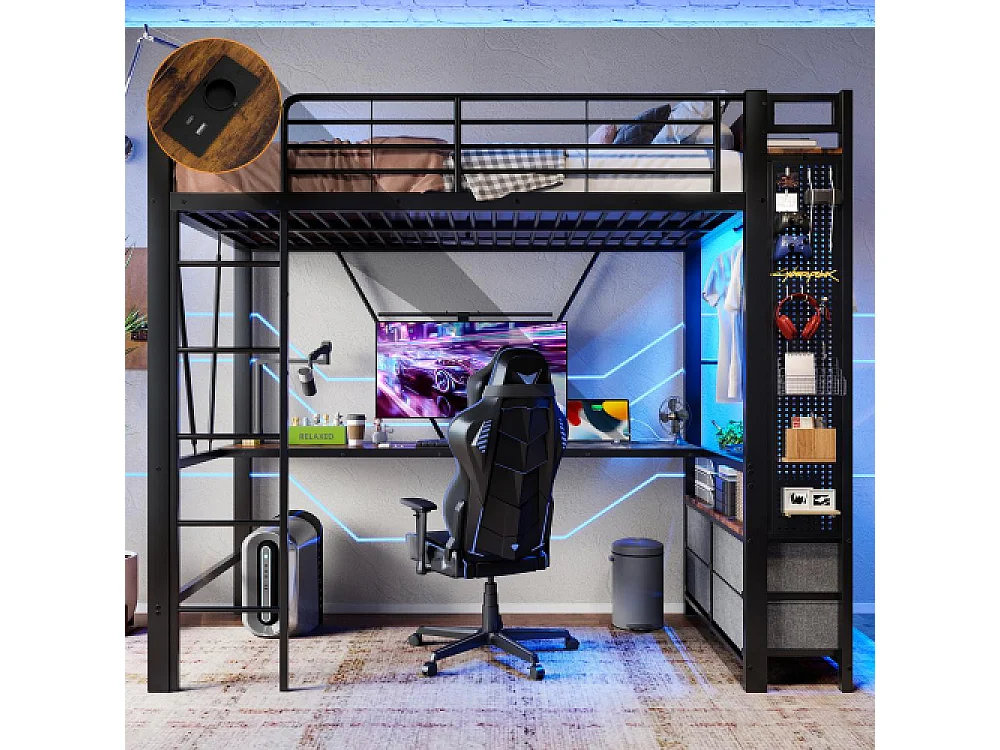 Lit mezzanine 90x200cm avec bureau, LED, 4 tiroirs, USB/Type-C, cadre en fer multifonction