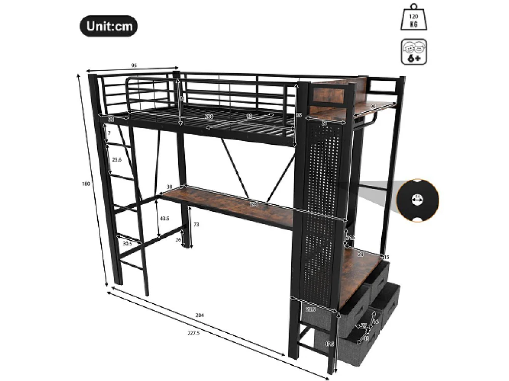 Lit mezzanine 90x200cm avec bureau, LED, 4 tiroirs, USB/Type-C, cadre en fer multifonction