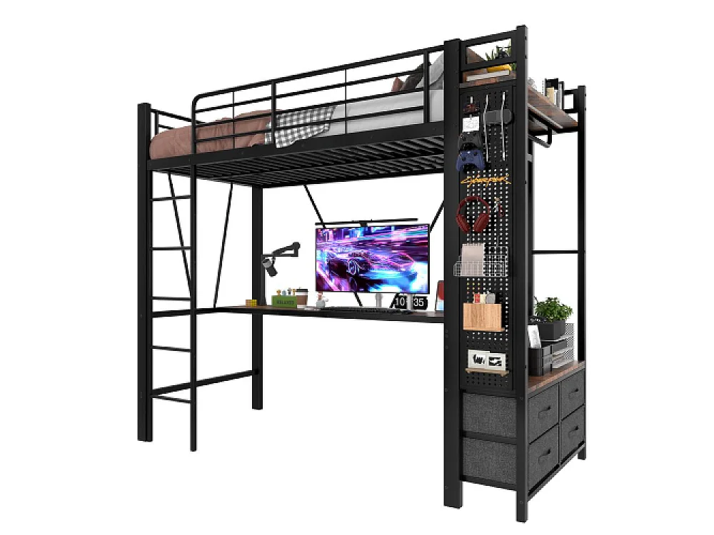 Lit mezzanine 90x200cm avec bureau, LED, 4 tiroirs, USB/Type-C, cadre en fer multifonction