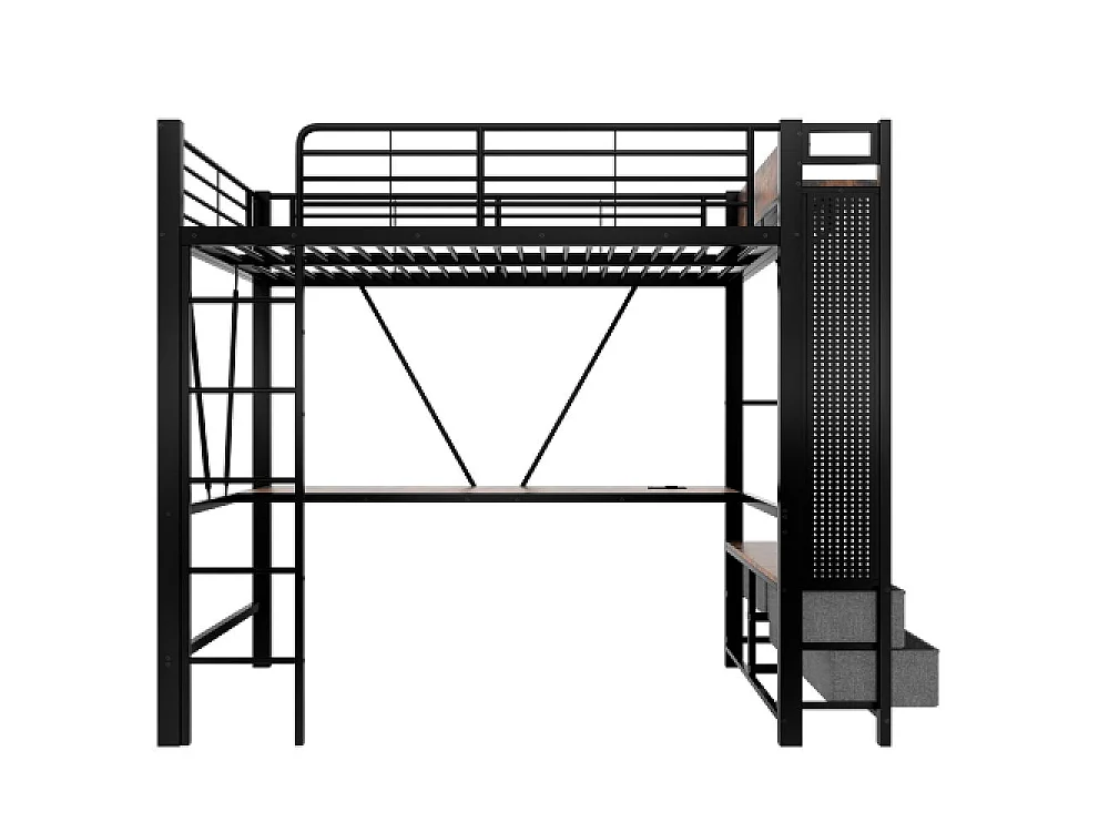 Lit mezzanine 90x200cm avec bureau, LED, 4 tiroirs, USB/Type-C, cadre en fer multifonction