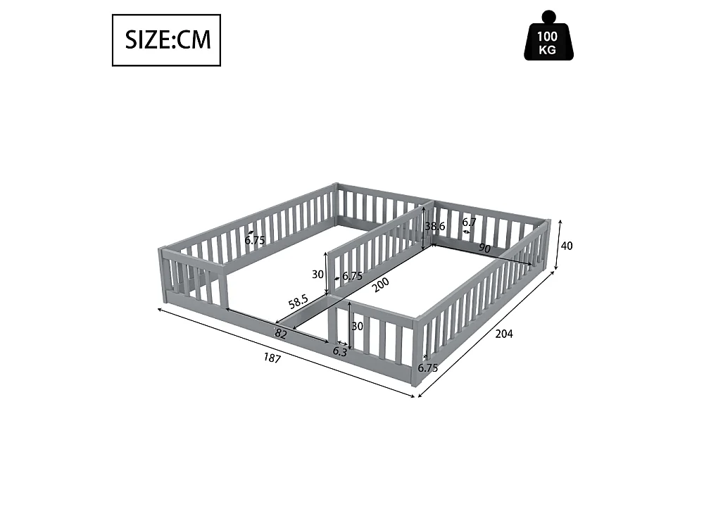 Cama infantil 90x200 cm con barandillas de seguridad, panel de madera de pino y MDF, ideal para 2 niños, montaje fácil