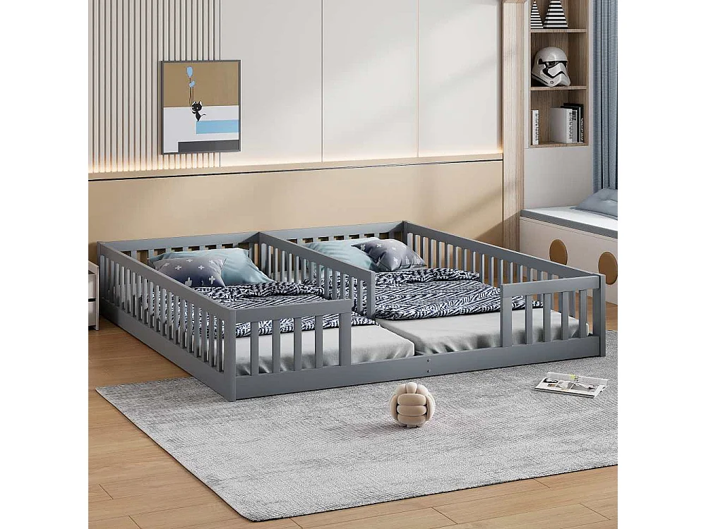 Cama infantil 90x200 cm con barandillas de seguridad, panel de madera de pino y MDF, ideal para 2 niños, montaje fácil