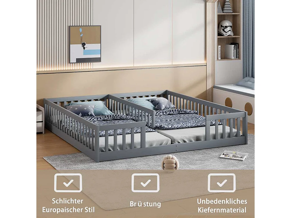 Cama infantil 90x200 cm con barandillas de seguridad y somier, panel en madera de pino y MDF, para 2 niños, fácil montaje