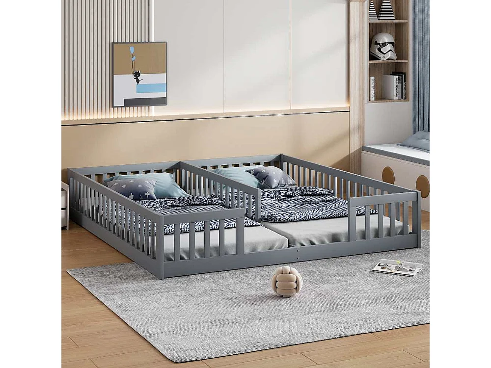 Cama infantil 90x200 cm con barandillas de seguridad y somier, panel en madera de pino y MDF, para 2 niños, fácil montaje