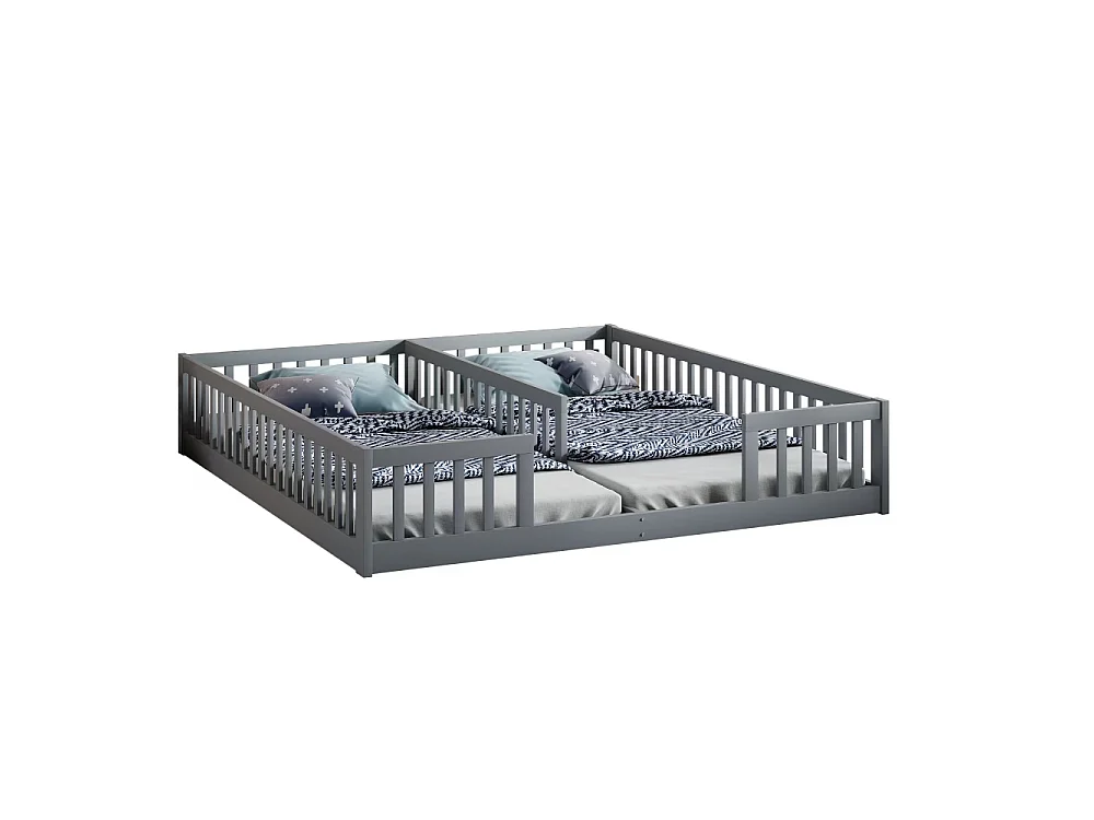 Cama infantil 90x200 cm con barandillas de seguridad y somier, panel en madera de pino y MDF, para 2 niños, fácil montaje
