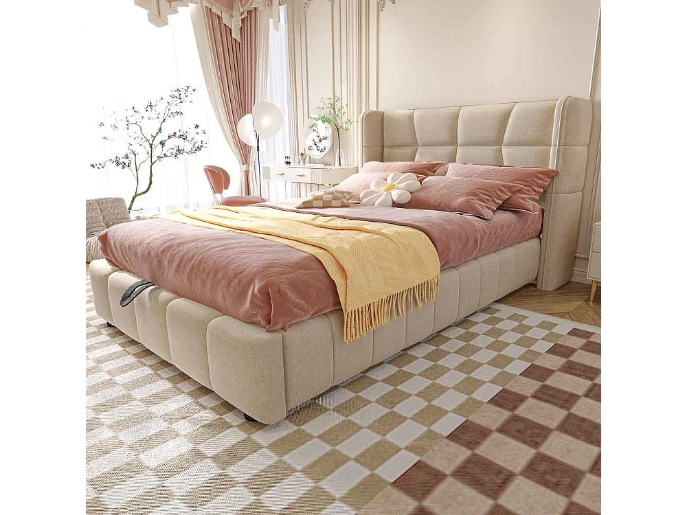 90 x 200 cm Cama tapizada infantil con almacenamiento, somier de láminas, cabecero, revestimiento de lino y mecanismo de elevación
