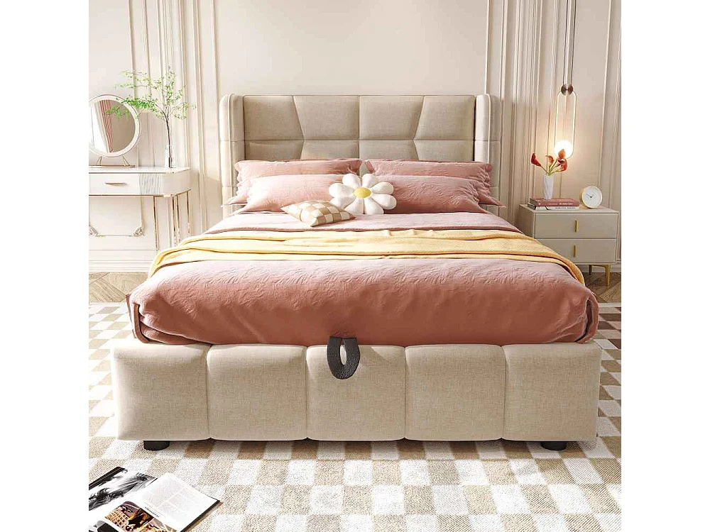 90 x 200 cm Cama tapizada infantil con almacenamiento, somier de láminas, cabecero, revestimiento de lino y mecanismo de elevación