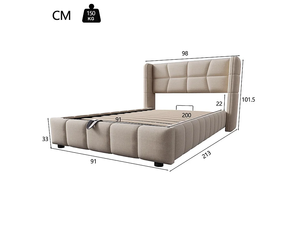 90 x 200 cm Cama tapizada infantil con almacenamiento, somier de láminas, cabecero, revestimiento de lino y mecanismo de elevación