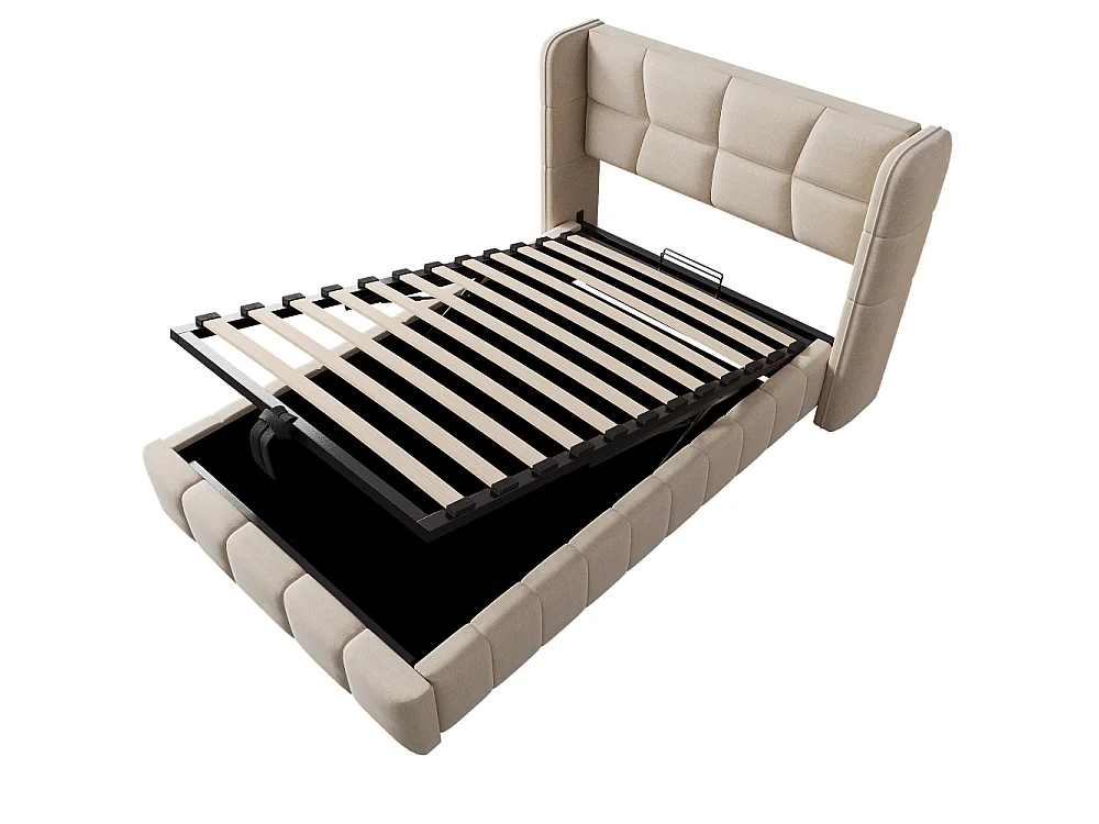 90 x 200 cm Cama tapizada infantil con almacenamiento, somier de láminas, cabecero, revestimiento de lino y mecanismo de elevación