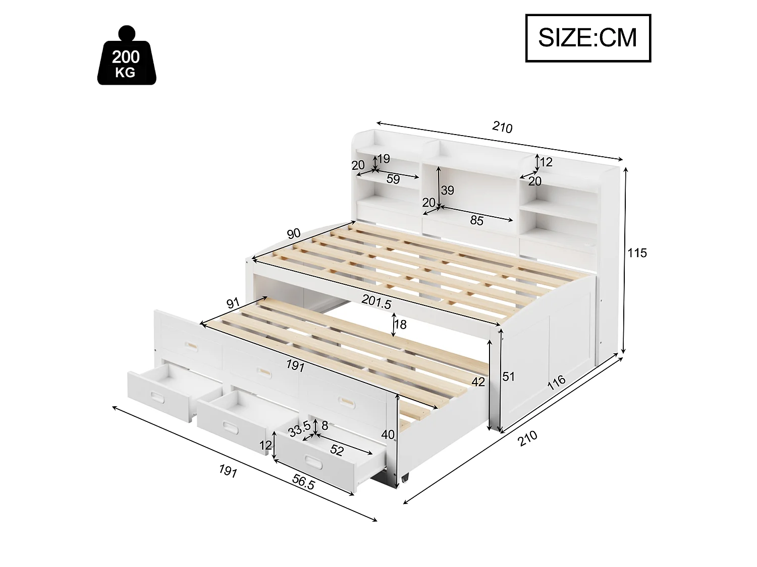 Canapé-lit Multifonction avec Télécommande LED, 90 x 200cm, 3 Tiroirs et Rangement, Design Extensible avec USB et Type-C, Blanc