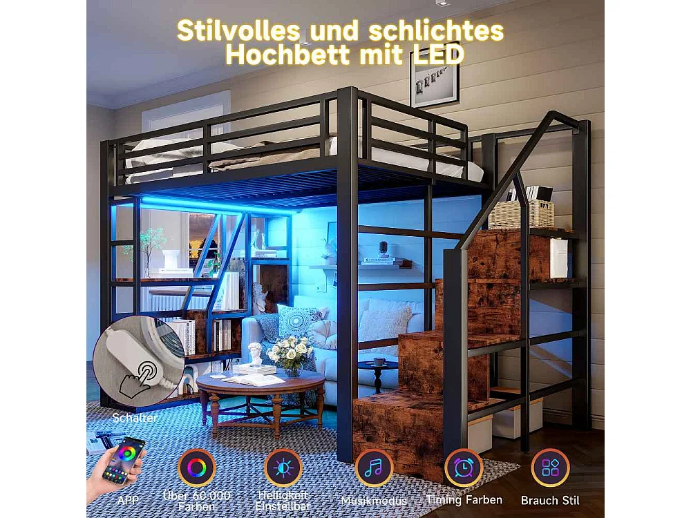 Lit mezzanine enfant 140 x 200 cm en métal et MDF avec étagères, marches intégrées, garde-corps, échelle et éclairage LED, sans matelas