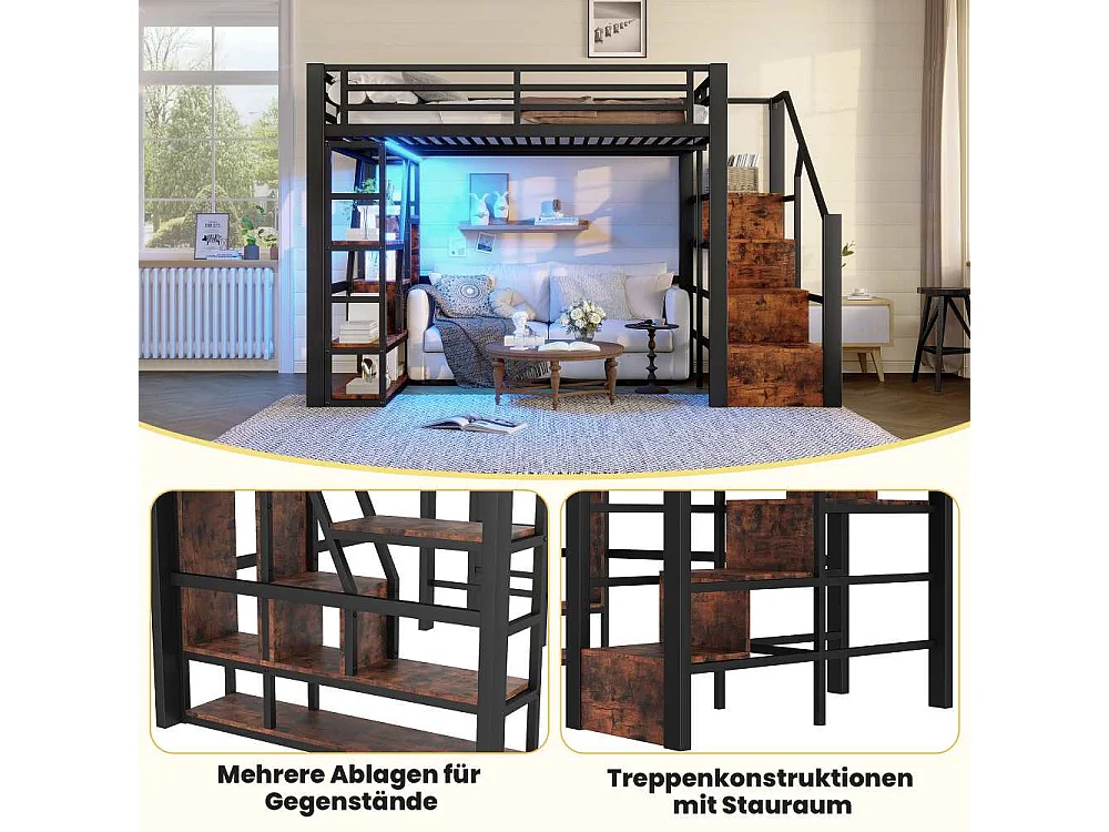 Lit mezzanine enfant 140 x 200 cm en métal et MDF avec étagères, marches intégrées, garde-corps, échelle et éclairage LED, sans matelas