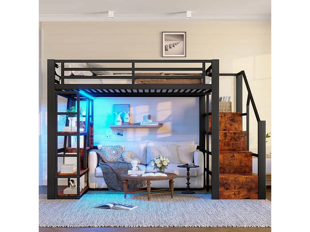Lit mezzanine enfant 140 x 200 cm en métal et MDF avec étagères, marches intégrées, garde-corps, échelle et éclairage LED, sans matelas