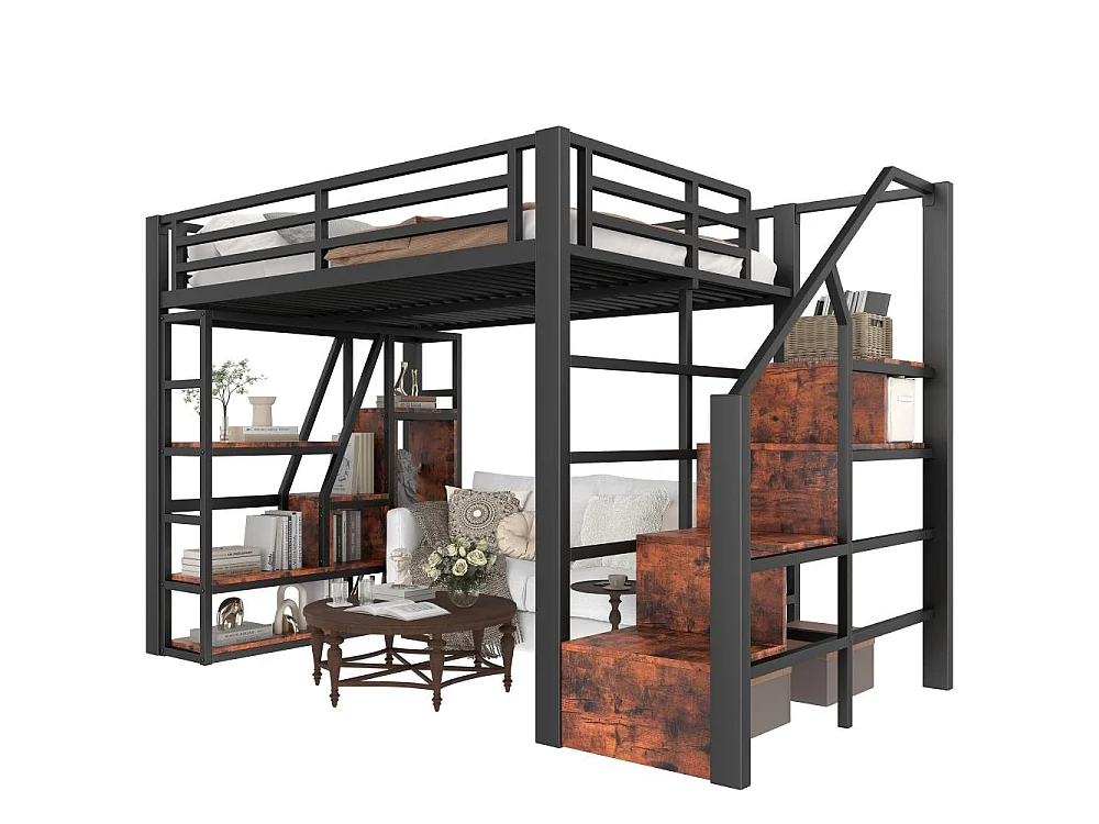 Lit mezzanine enfant 140 x 200 cm en métal et MDF avec étagères, marches intégrées, garde-corps, échelle et éclairage LED, sans matelas