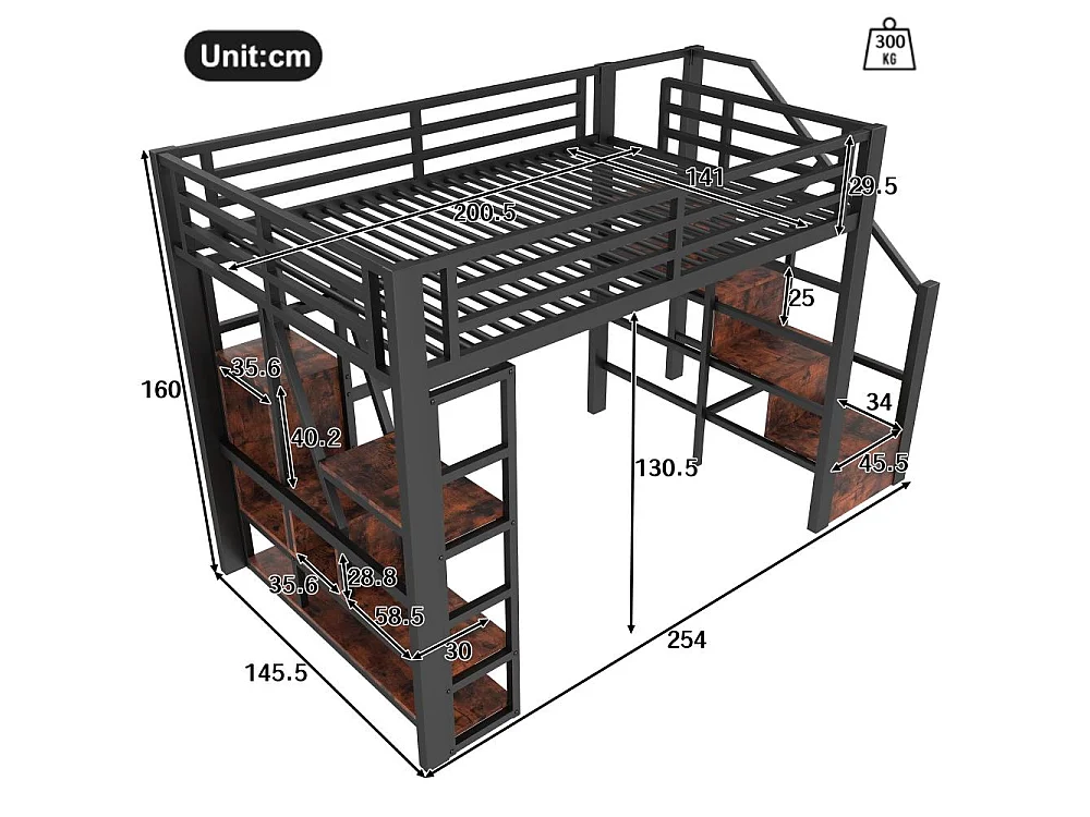 Lit mezzanine enfant 140 x 200 cm en métal et MDF avec étagères, marches intégrées, garde-corps, échelle et éclairage LED, sans matelas