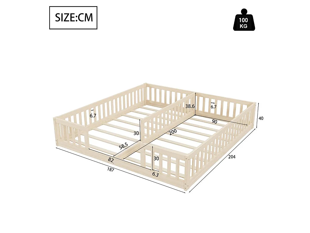 Letto bambino 90x200 cm con sponde di sicurezza e doghe, pannello in legno di pino e MDF, adatto a 2 bambini, facile da montare