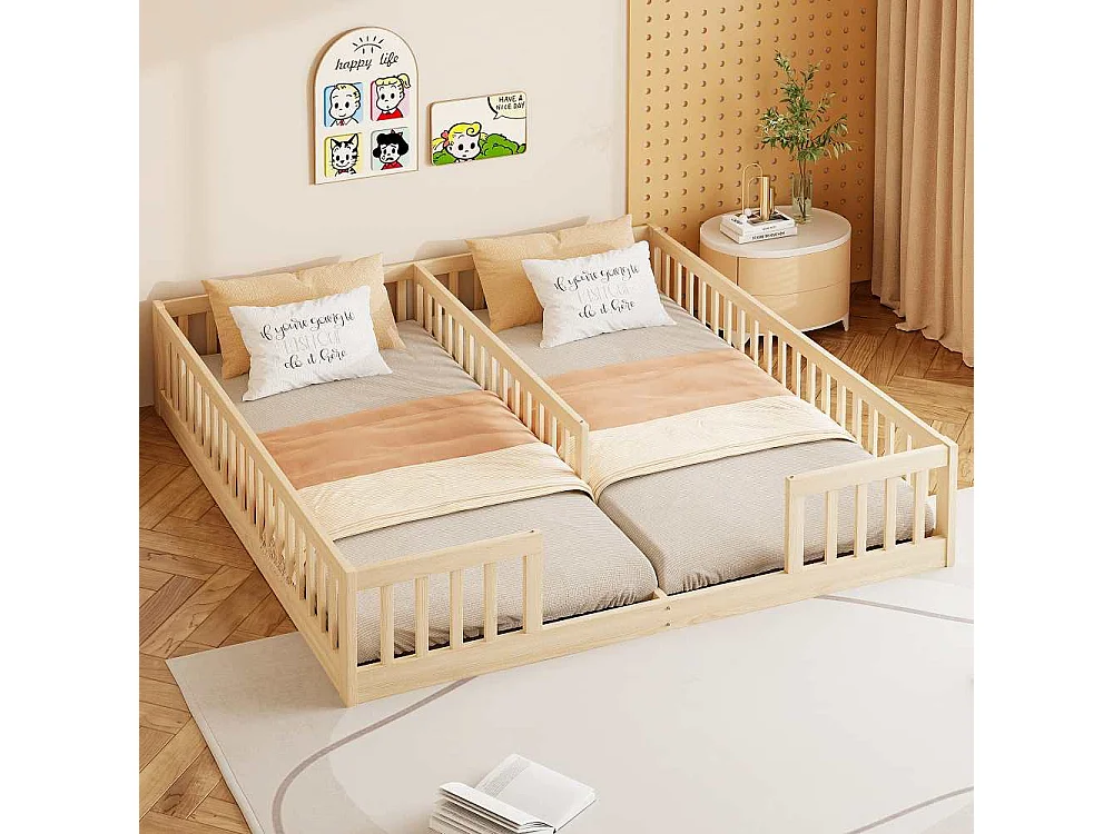Letto bambino 90x200 cm con sponde di sicurezza e doghe, pannello in legno di pino e MDF, adatto a 2 bambini, facile da montare