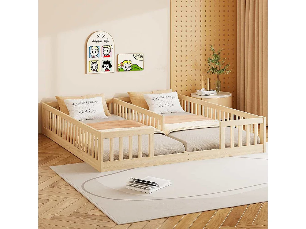 Letto bambino 90x200 cm con sponde di sicurezza e doghe, pannello in legno di pino e MDF, adatto a 2 bambini, facile da montare
