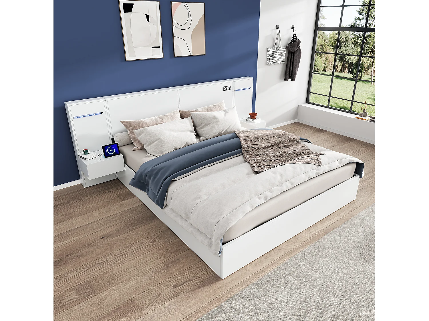 Lit Double en Bois avec USB, Horloge Électronique, Haut-Parleur Bluetooth, Éclairage Ambiant180*200cm - 2 Tables de Nuit Blanches sans Tiroirs