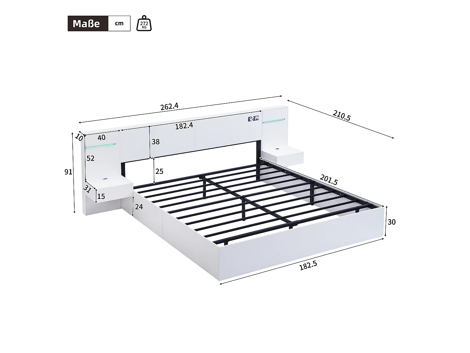 Lit Double en Bois avec USB, Horloge Électronique, Haut-Parleur Bluetooth, Éclairage Ambiant180*200cm - 2 Tables de Nuit Blanches sans Tiroirs