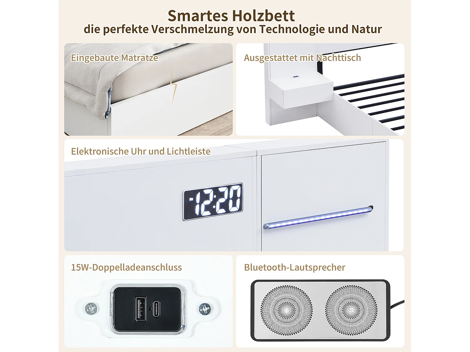 Lit Double en Bois avec USB, Horloge Électronique, Haut-Parleur Bluetooth, Éclairage Ambiant180*200cm - 2 Tables de Nuit Blanches sans Tiroirs