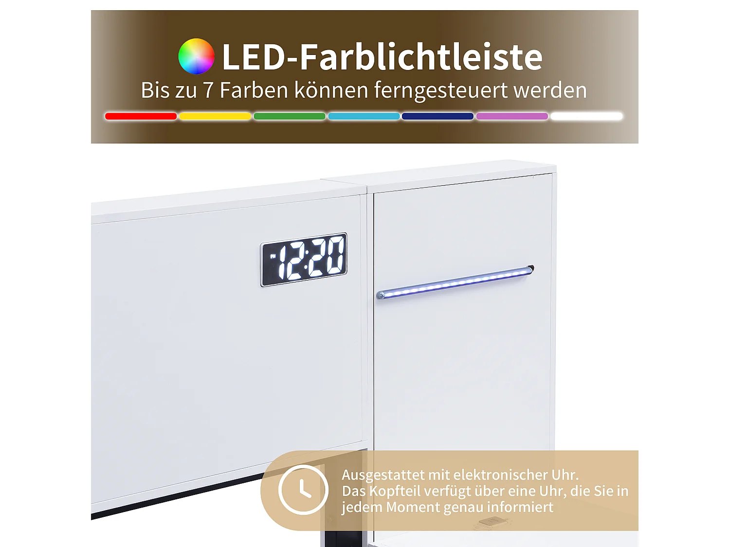 Lit Double en Bois avec USB, Horloge Électronique, Haut-Parleur Bluetooth, Éclairage Ambiant180*200cm - 2 Tables de Nuit Blanches sans Tiroirs