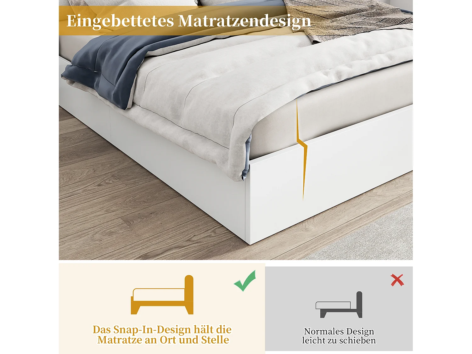 Lit Double en Bois avec USB, Horloge Électronique, Haut-Parleur Bluetooth, Éclairage Ambiant180*200cm - 2 Tables de Nuit Blanches sans Tiroirs