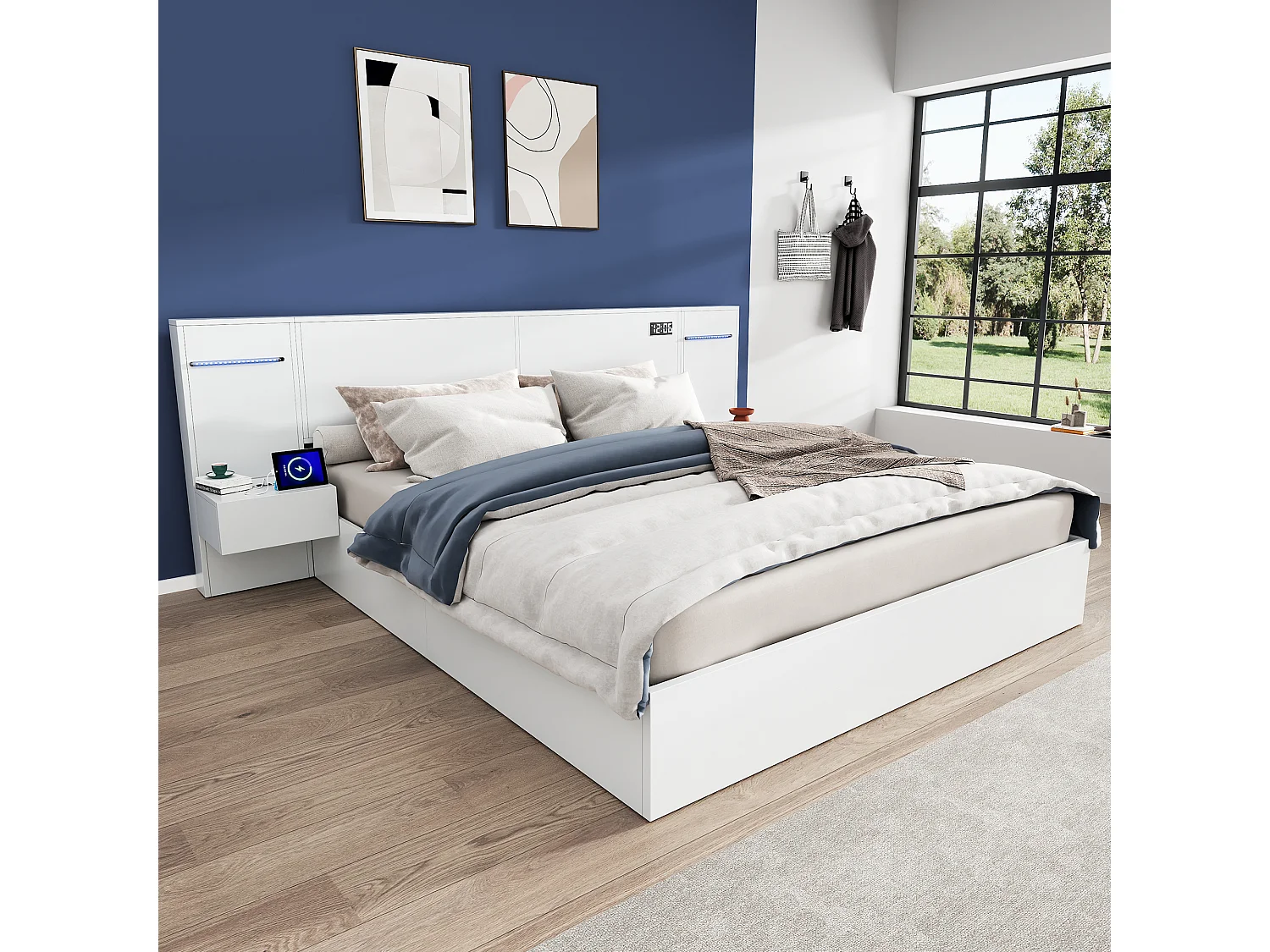 Lit Double en Bois avec USB, Horloge Électronique, Haut-Parleur Bluetooth, Éclairage Ambiant180*200cm - 2 Tables de Nuit Blanches sans Tiroirs