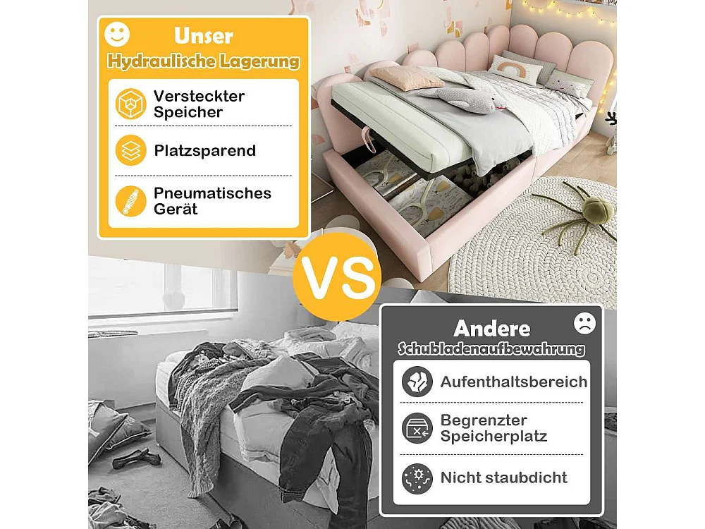 Lit polster Daybett 90x200 cm, canapé-lit hydraulique avec rangement, lit enfant avec sommier métallique, velours, sans matelas