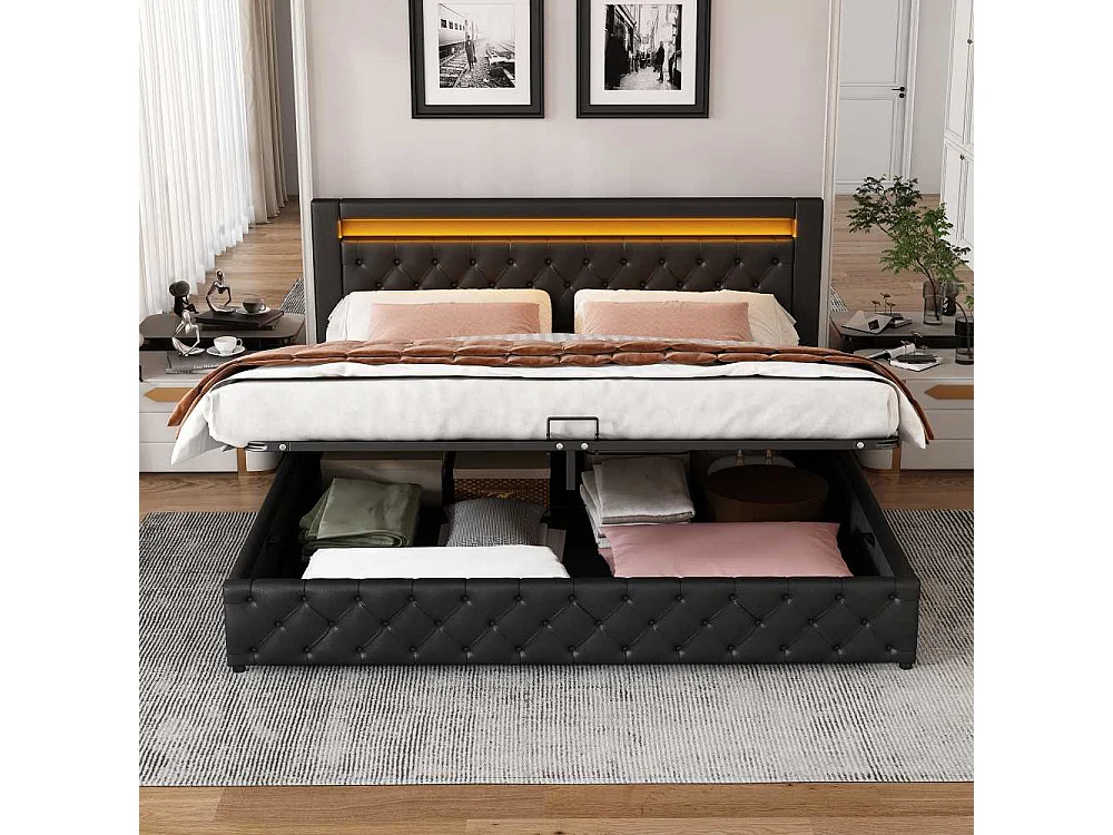 Polsterbett 160x200 cm con Somier y Gran Almacenamiento, LED Integrada, Funktionsbett PU Cómodo para Dormitorio e Invitados.
