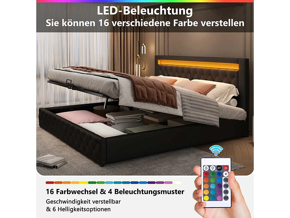 Polsterbett 160x200 cm con Somier y Gran Almacenamiento, LED Integrada, Funktionsbett PU Cómodo para Dormitorio e Invitados.