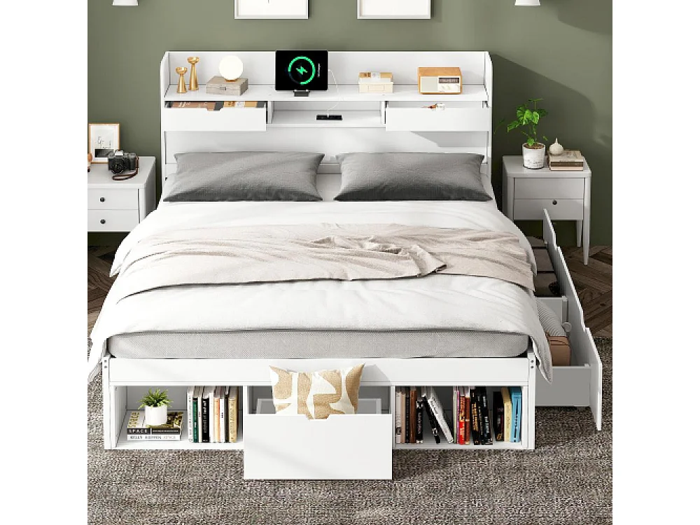 Lit double 140x190cm pour enfants et adolescents avec USB, tiroirs et rangement, blanc