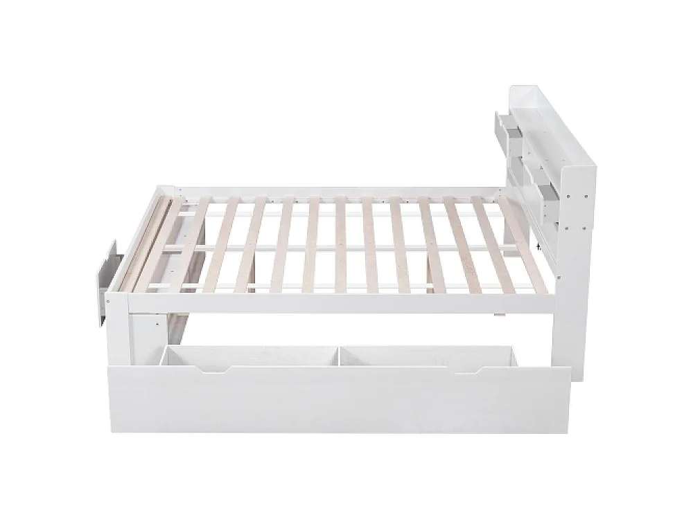 Lit double 140x190cm pour enfants et adolescents avec USB, tiroirs et rangement, blanc