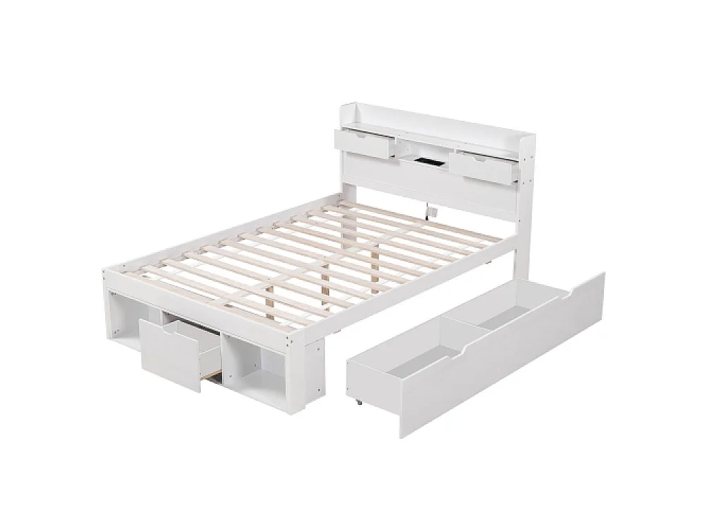 Lit double 140x190cm pour enfants et adolescents avec USB, tiroirs et rangement, blanc