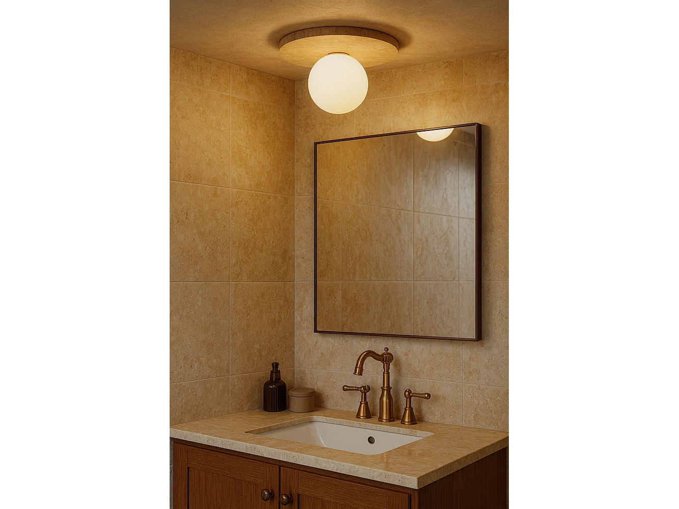 "Elegant Travertin- och Glas Taklampa - Beige/Vit - 30 x 30 cm"