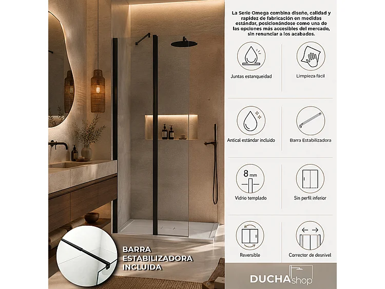 Mampara de ducha Fija 100x195 y Abatible (41,5 - 6mm) Negro cristal templado antical serigrafiado 8mm