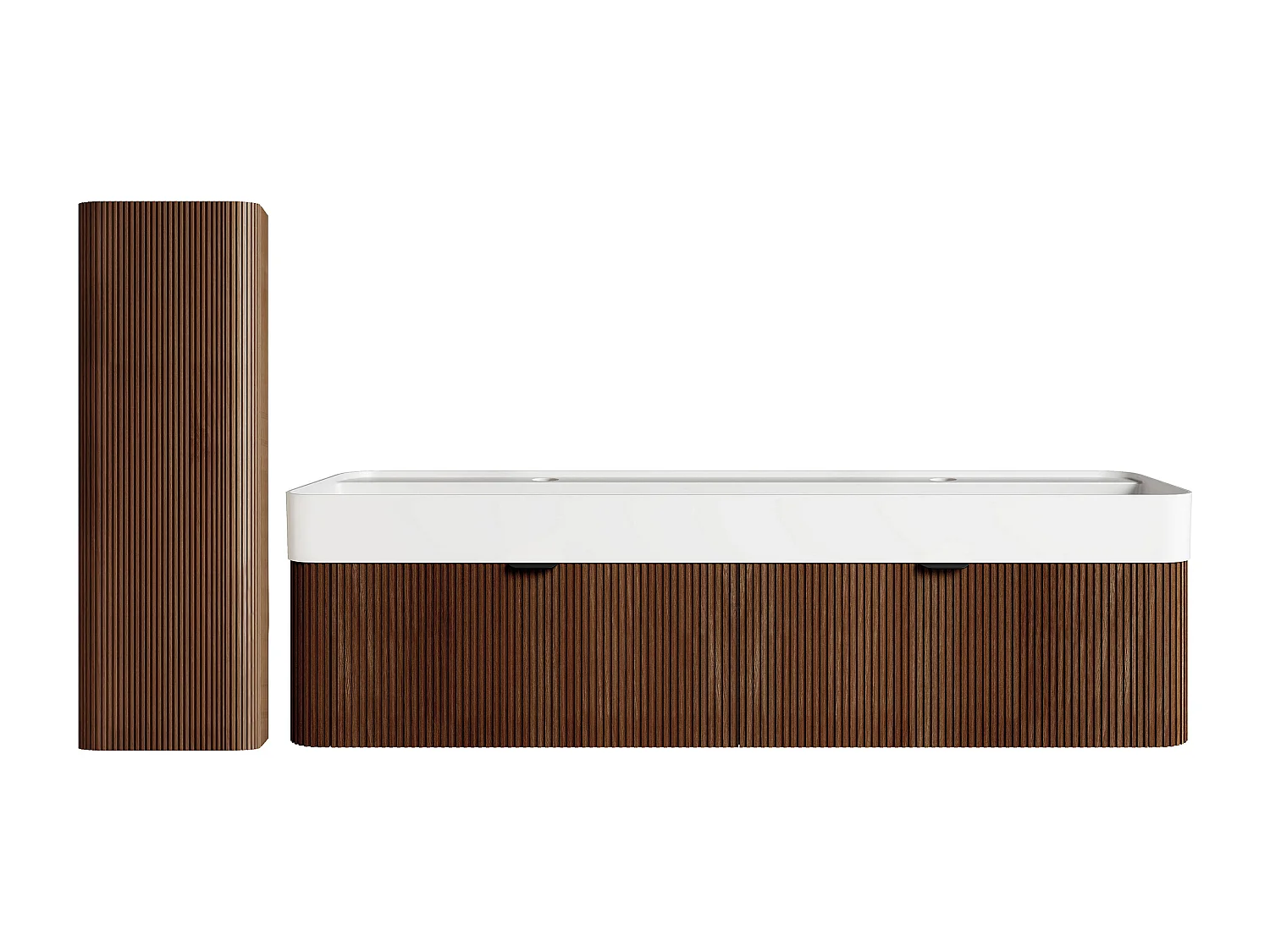 Meuble de salle de bain suspendu strié en bois de frêne avec double vasque à encastrer et colonne - Naturel foncé - 150 cm - BULMAS