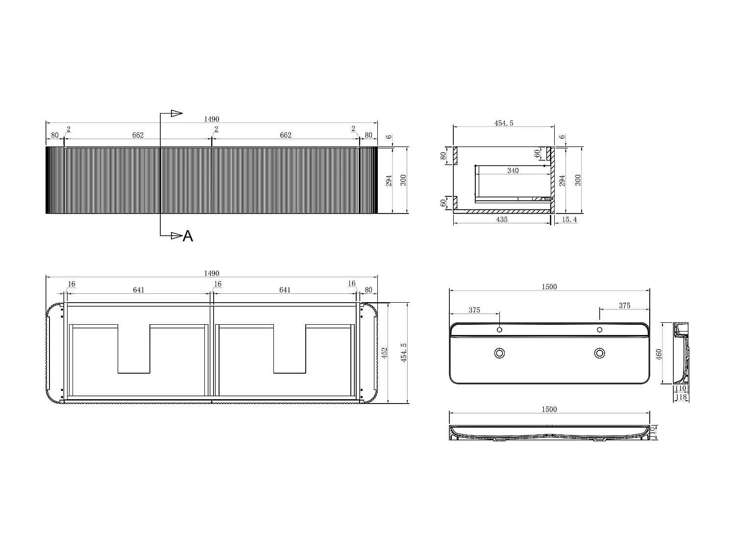 Meuble de salle de bain suspendu strié en bois de frêne avec double vasque à encastrer et colonne - Naturel foncé - 150 cm - BULMAS