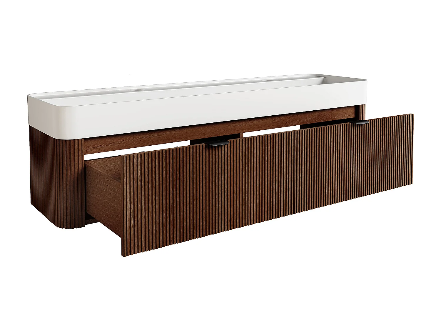 Meuble de salle de bain suspendu strié en bois de frêne avec double vasque à encastrer et colonne - Naturel foncé - 150 cm - BULMAS