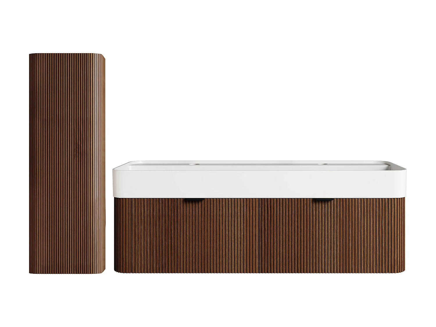 Mobile bagno sospeso scanalato in legno di frassino con doppio lavabo da incasso e colonna - Naturale scuro - 120 cm - BULMAS