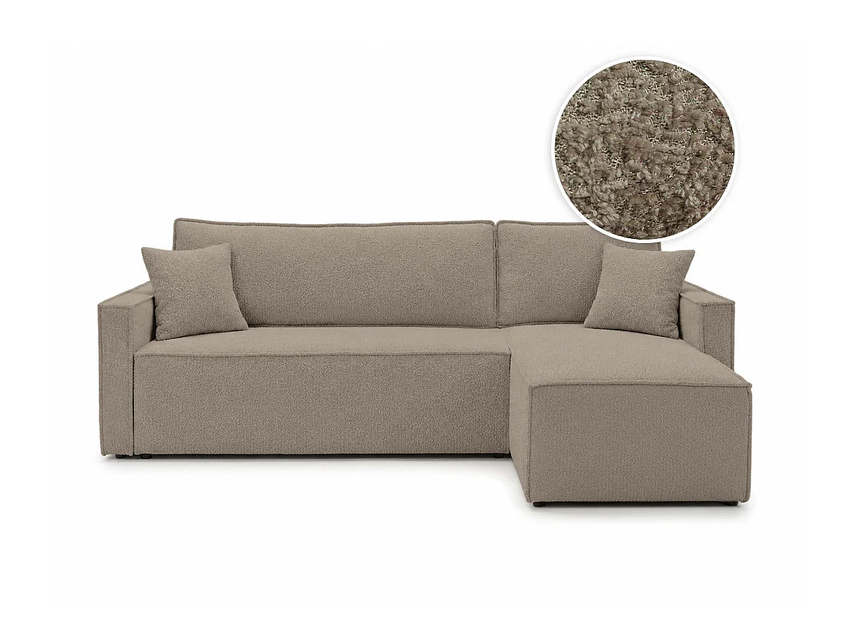 Canapé d'angle convertible 4 places FARAH réversible avec coffre en tissu bouclette texturé - Taupe