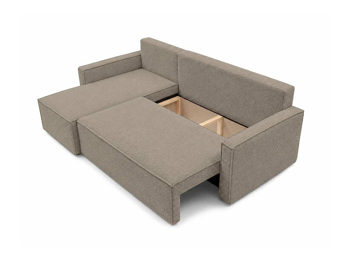 Canapé d'angle convertible 4 places FARAH réversible avec coffre en tissu bouclette texturé - Taupe