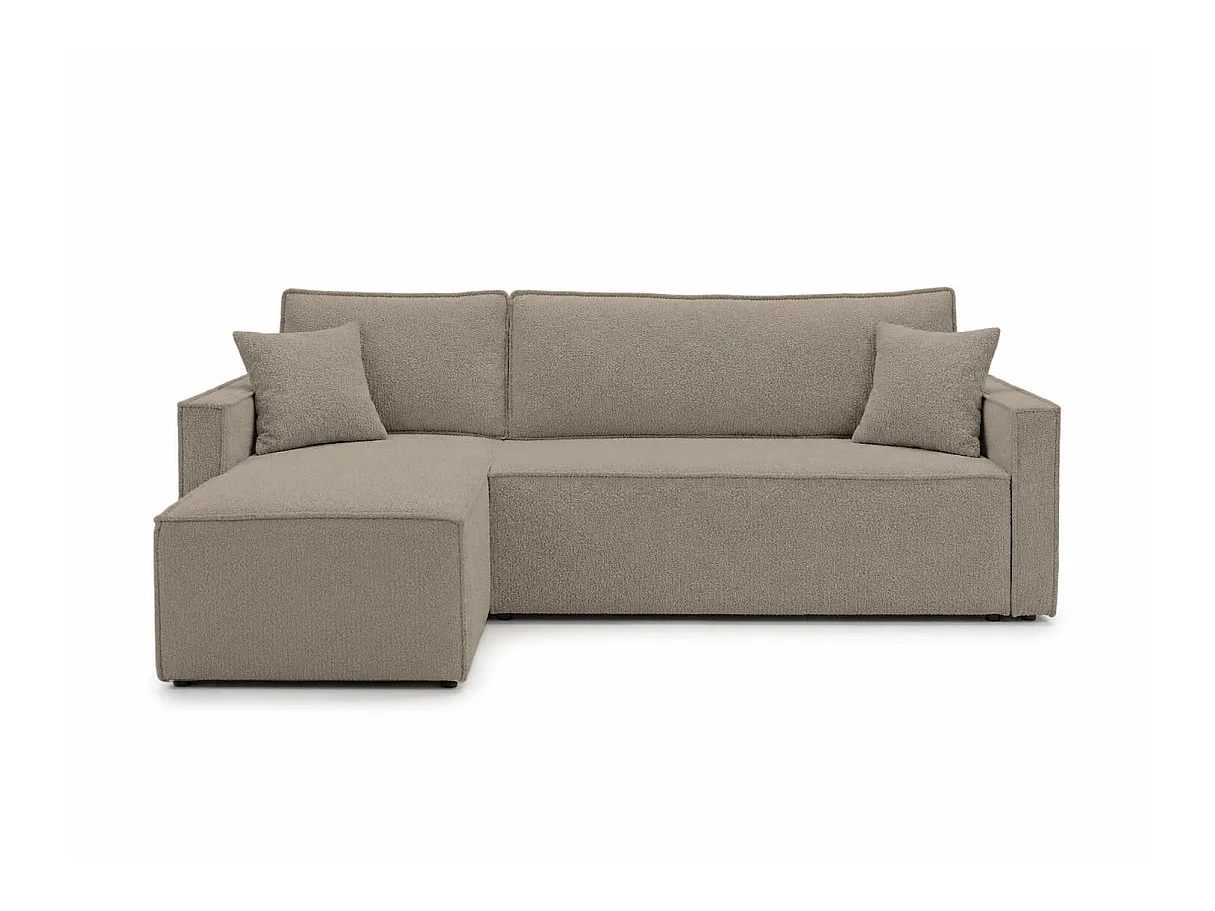 Canapé d'angle convertible 4 places FARAH réversible avec coffre en tissu bouclette texturé - Taupe