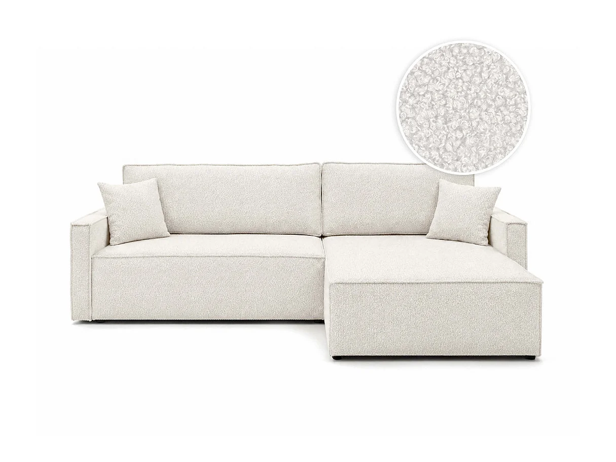 Canapé d'angle max réversible FARAH convertible 5p avec coffre en tissu bouclette généreuse blanc