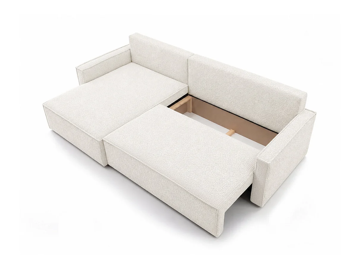 Canapé d'angle max réversible FARAH convertible 5p avec coffre en tissu bouclette généreuse blanc