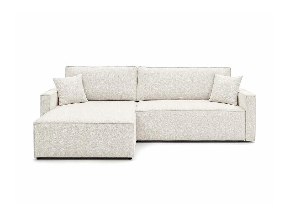 Canapé d'angle max réversible FARAH convertible 5p avec coffre en tissu bouclette généreuse blanc